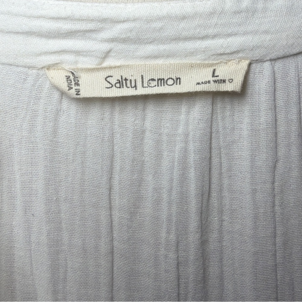 Salty Lemon White Cotton Button 3/4 Length Sleeve Gauze Crinkle Dress Size Large - Picture 4 of 6